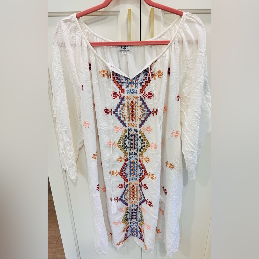 White Tunic with Multicolor Embroidery  Boho dress